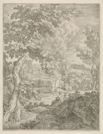 Landschap met rivier en een klassieke ruïne
