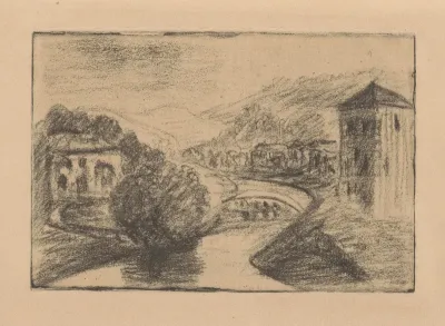 Landschap met rivier en huizen
