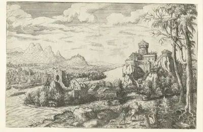 Landschap met rivier en kasteel op een berg