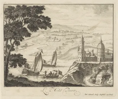 Landschap met rivier en kasteel op heuvel