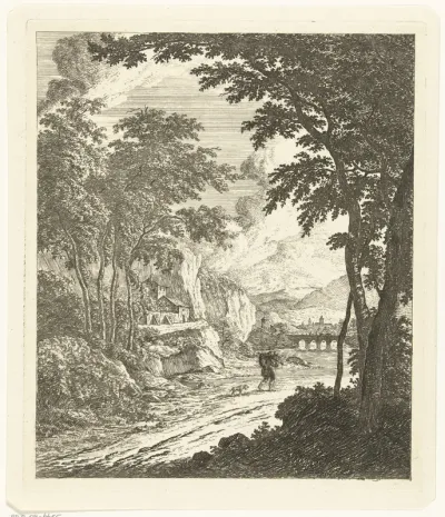 Landschap met rivier en man met hond