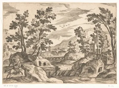 Landschap met rivier en man te paard
