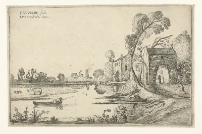 Landschap met rivier en poortgebouw