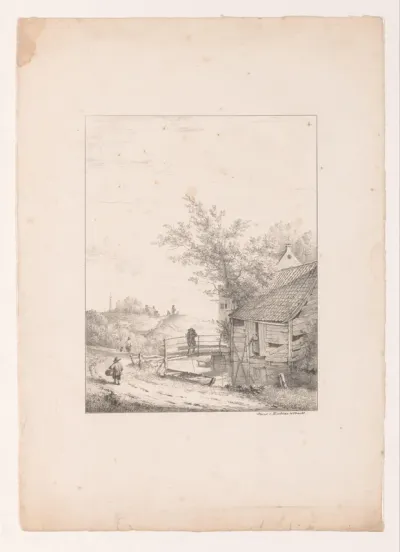 Landschap met rivier en schuur