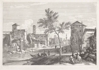 Landschap met rivier en stad