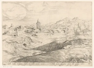 Landschap met rivier en stadje