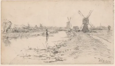 Landschap met rivier en twee molens