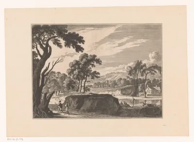 Landschap met rivier en verspreide figuren