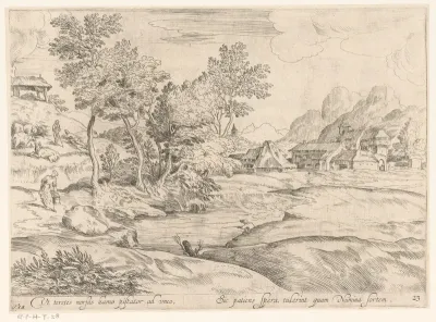 Landschap met rivier en visser