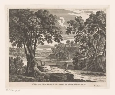 Landschap met rivier en wandelaars