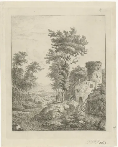 Landschap met rivier en waterrad