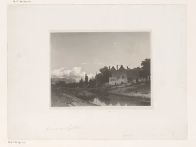 Landschap met rivier, huizen en figuren