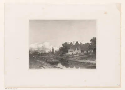 Landschap met rivier, huizen en figuren