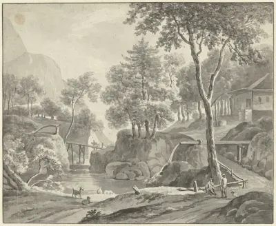 Landschap met rivier, wandelaars en vee