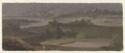 Landschap met rivierbocht en donkere lucht