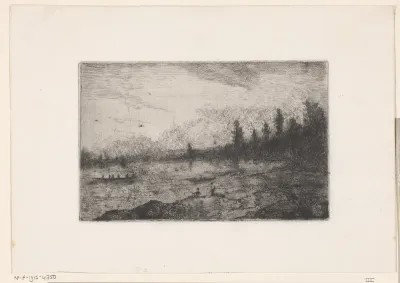 Landschap met roeiboot en hengelaar