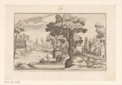 Landschap met roeiboot in een rivier, in de verte een stad