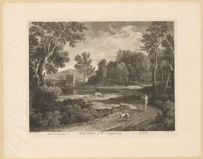 Landschap met roeiboot op een klein meer en man met hond op een pad