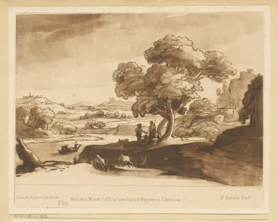 Landschap met roeiboot op een rivier, drie herders en vee