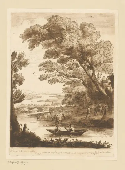 Landschap met roeiboot op een rivier en vlucht naar Egypte