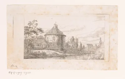 Landschap met rond gebouw aan het water