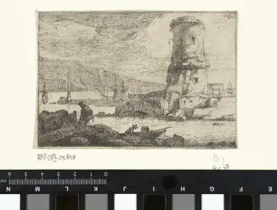 Landschap met ronde toren in een haven