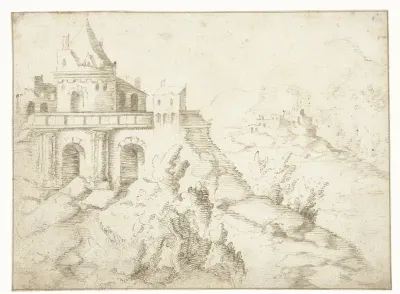 Landschap met ronde toren op een plateau