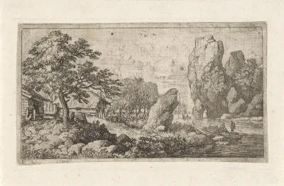 Landschap met rots aan het water