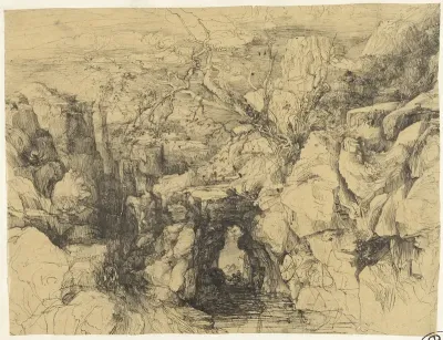 Landschap met rotsen en stenen brug over bergstroom