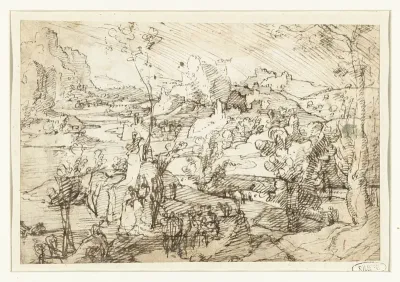Landschap met rotsen, figuren en een zeilschip