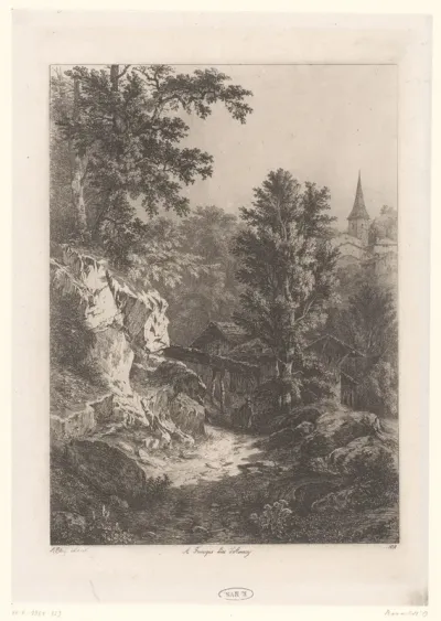 Landschap met rotsen, houten huis en zicht op een kerk