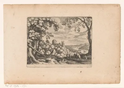 Landschap met ruïne aan een rivier