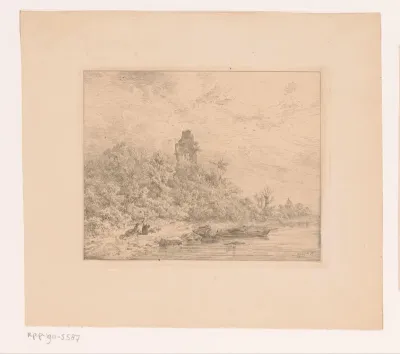 Landschap met ruïne aan het water