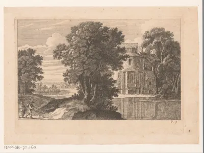 Landschap met ruïne aan water