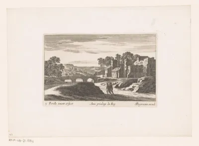 Landschap met ruïne bij brug