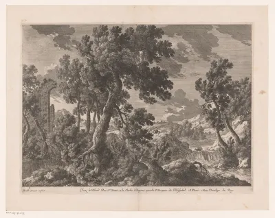 Landschap met ruïne en cascade