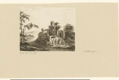 Landschap met ruïne en drie figuren met een hond