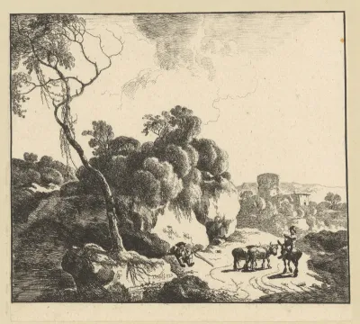 Landschap met ruïne en een herder te paard met twee runderen, langs het pad een rustende reiziger