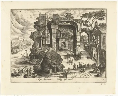 Landschap met ruïne en een vijver