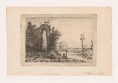 Landschap met ruïne en een zittende man