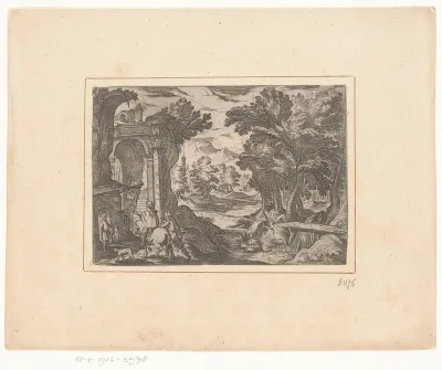 Landschap met ruïne en herberg