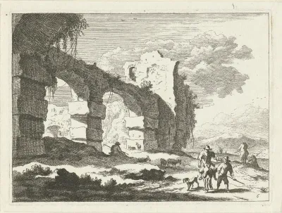Landschap met ruïne en herder op ezel
