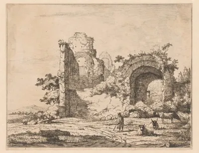 Landschap met ruïne en herder