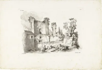 Landschap met ruïne en herderin met vee