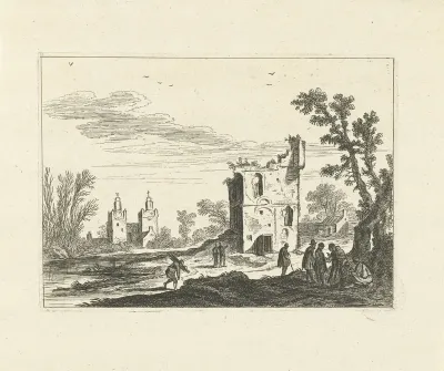 Landschap met ruïne en kerk