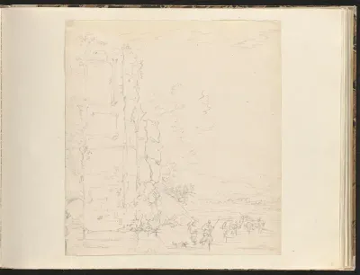 Landschap met ruïne en mensen met muilezels