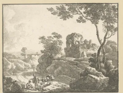 Landschap met ruïne en rustende reizigers bij hun ezels