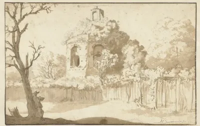 Landschap met ruïne en tekenaar