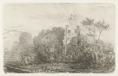 Landschap met ruïne en twee figuren