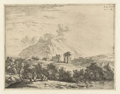 Landschap met ruïne en twee mannen met een hond